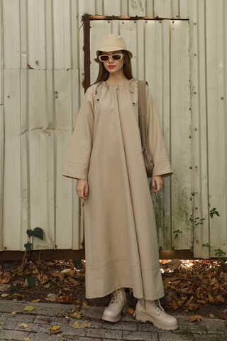 Büzgü Yaka Elbise Krem - 1