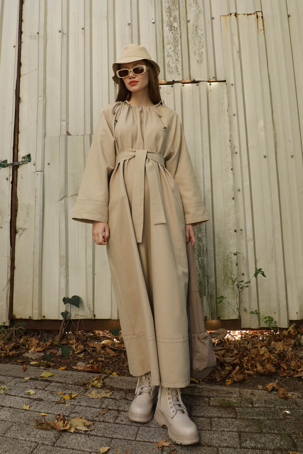 Büzgü Yaka Elbise Krem - 5