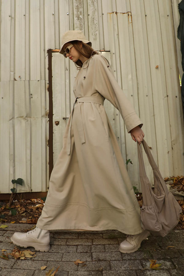 Büzgü Yaka Elbise Krem - 6