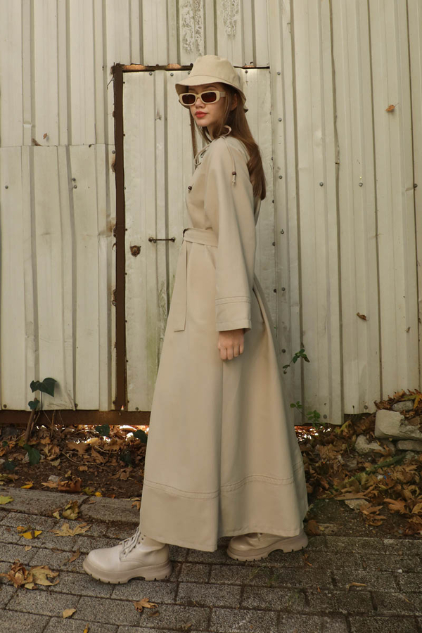 Büzgü Yaka Elbise Krem - 7