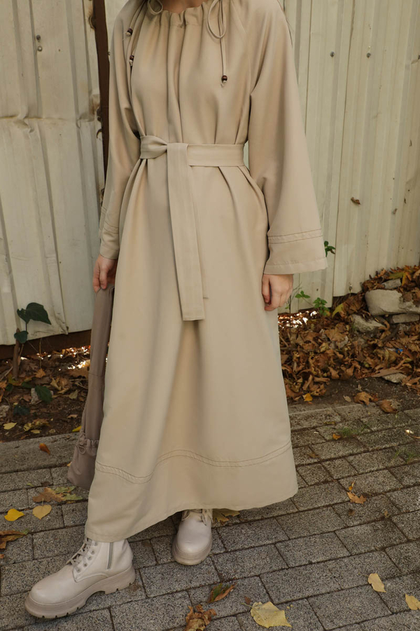 Büzgü Yaka Elbise Krem - 9