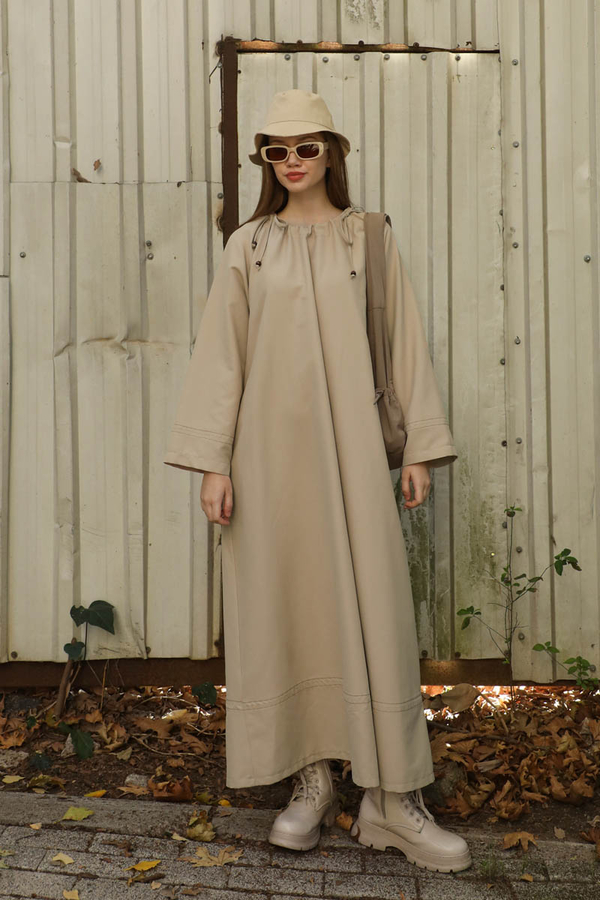 Büzgü Yaka Elbise Krem - 1