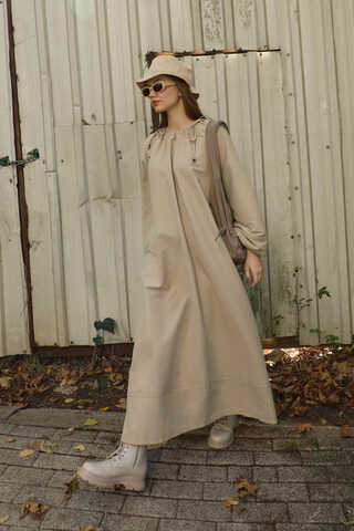 Büzgü Yaka Elbise Krem - 2