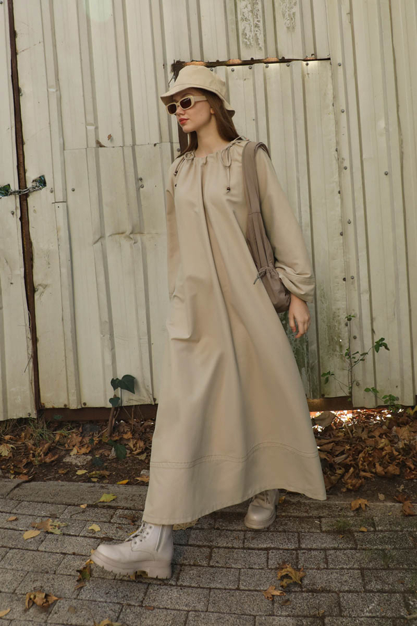 Büzgü Yaka Elbise Krem - 2