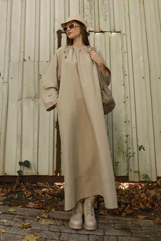 Büzgü Yaka Elbise Krem - 3