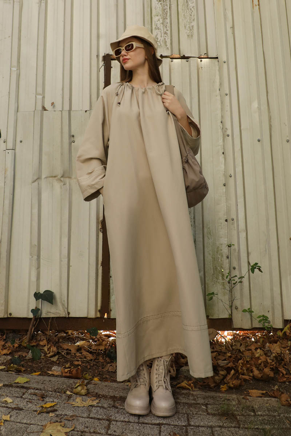 Büzgü Yaka Elbise Krem - 3