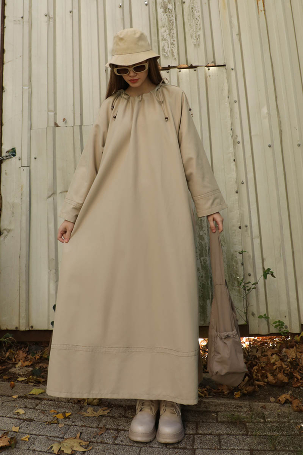 Büzgü Yaka Elbise Krem - 4