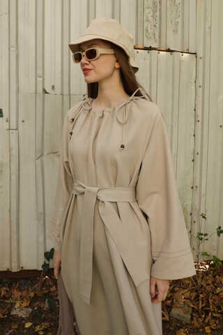 Büzgü Yaka Elbise Krem - 8