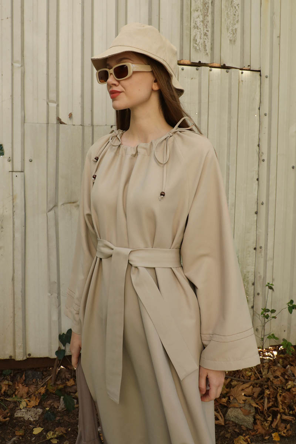 Büzgü Yaka Elbise Krem - 8