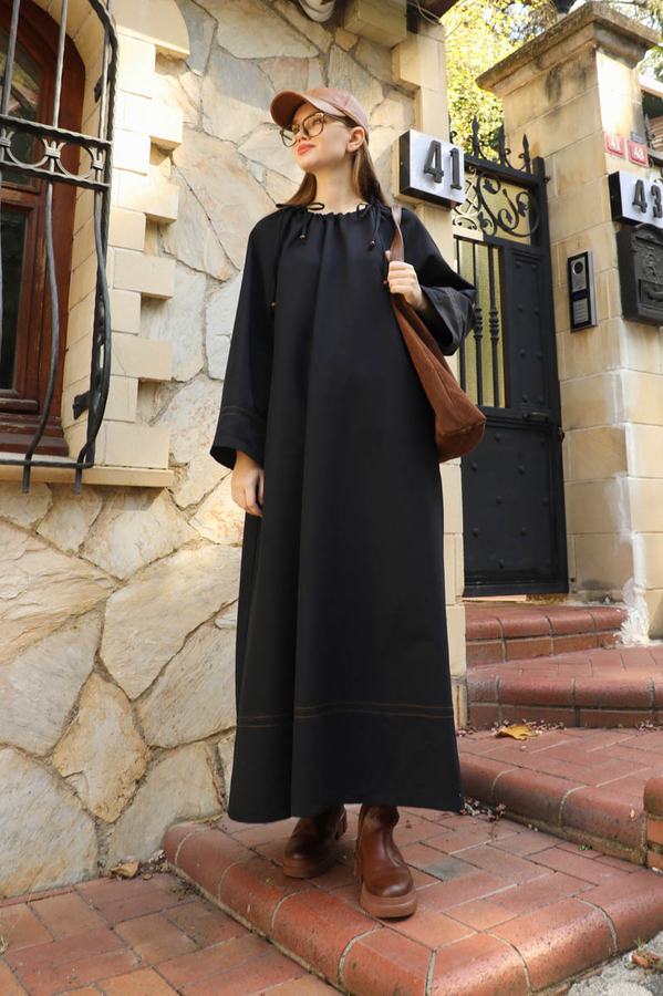 Büzgü Yaka Elbise Siyah - 4