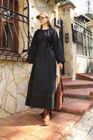 Büzgü Yaka Elbise Siyah - 9