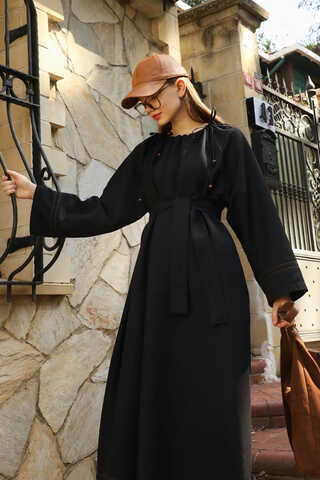 Büzgü Yaka Elbise Siyah - 11