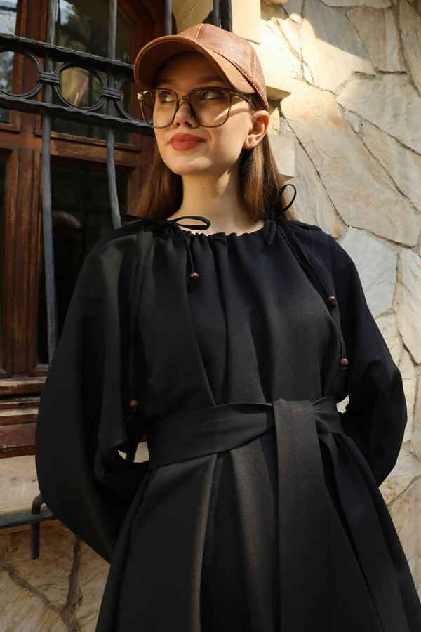 Büzgü Yaka Elbise Siyah - 1