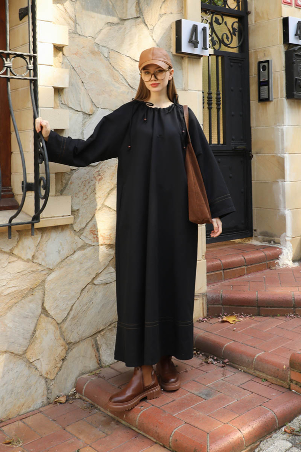 Büzgü Yaka Elbise Siyah - 2