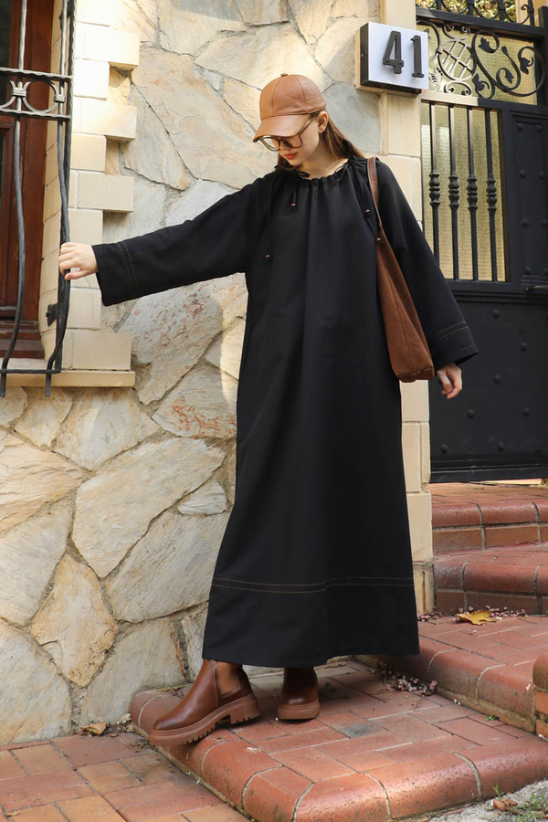 Büzgü Yaka Elbise Siyah - 3