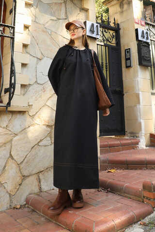 Büzgü Yaka Elbise Siyah - 5