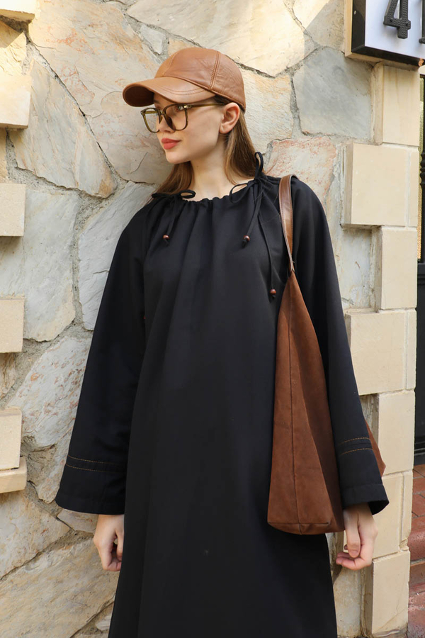 Büzgü Yaka Elbise Siyah - 6