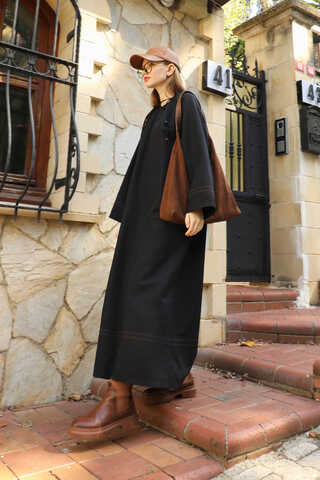 Büzgü Yaka Elbise Siyah - 7