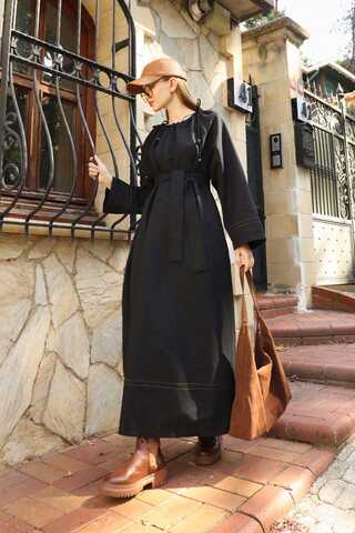 Büzgü Yaka Elbise Siyah - 8