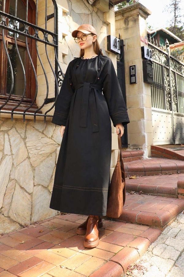 Büzgü Yaka Elbise Siyah - 9