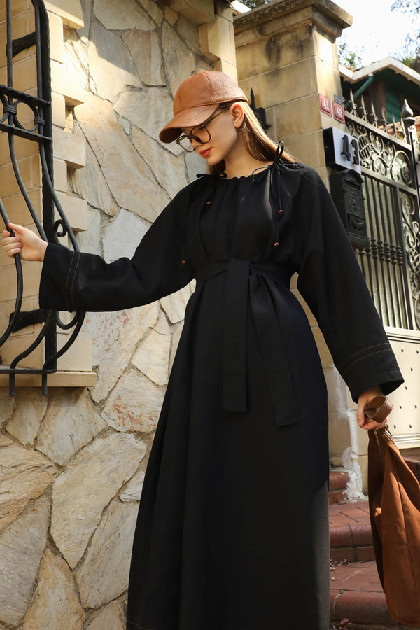 Büzgü Yaka Elbise Siyah - 11