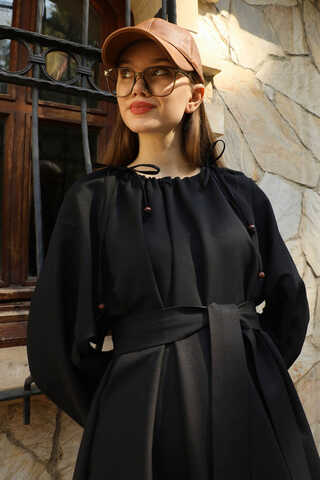 Büzgü Yaka Elbise Siyah - 1