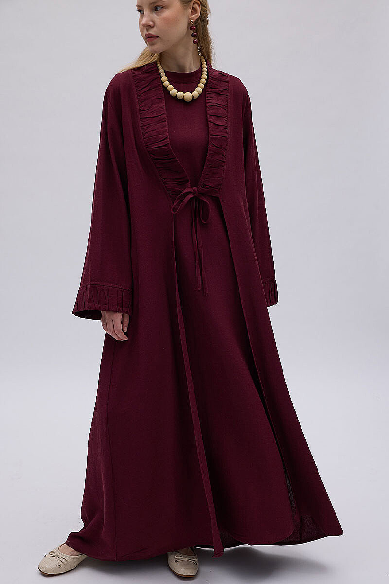 Büzgülü Bant Detaylı Keten Abaya Bordo - 4