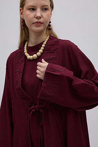 Büzgülü Bant Detaylı Keten Abaya Bordo - 2