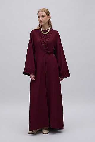 Büzgülü Bant Detaylı Keten Abaya Bordo - 3