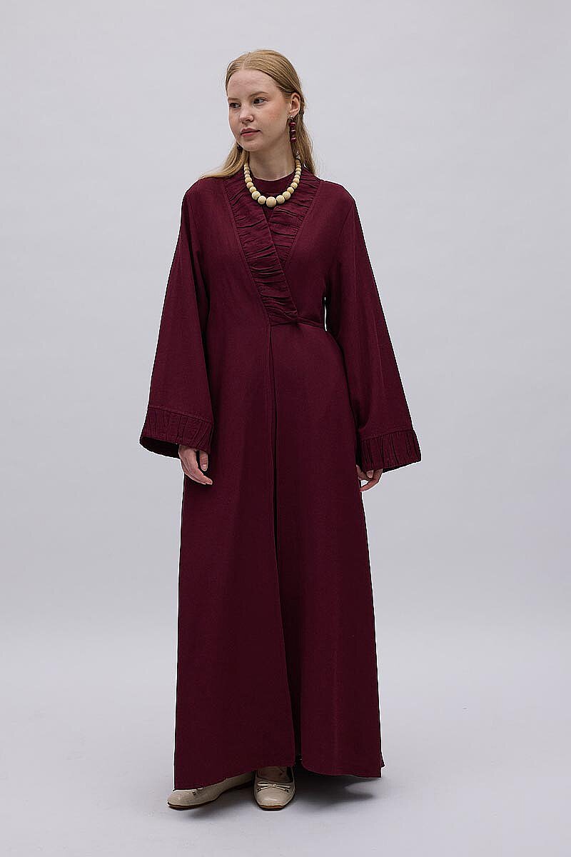 Büzgülü Bant Detaylı Keten Abaya Bordo - 3