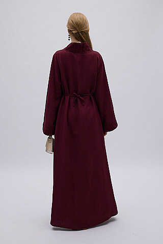 Büzgülü Bant Detaylı Keten Abaya Bordo - 5