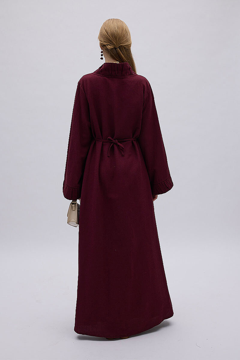 Büzgülü Bant Detaylı Keten Abaya Bordo - 5