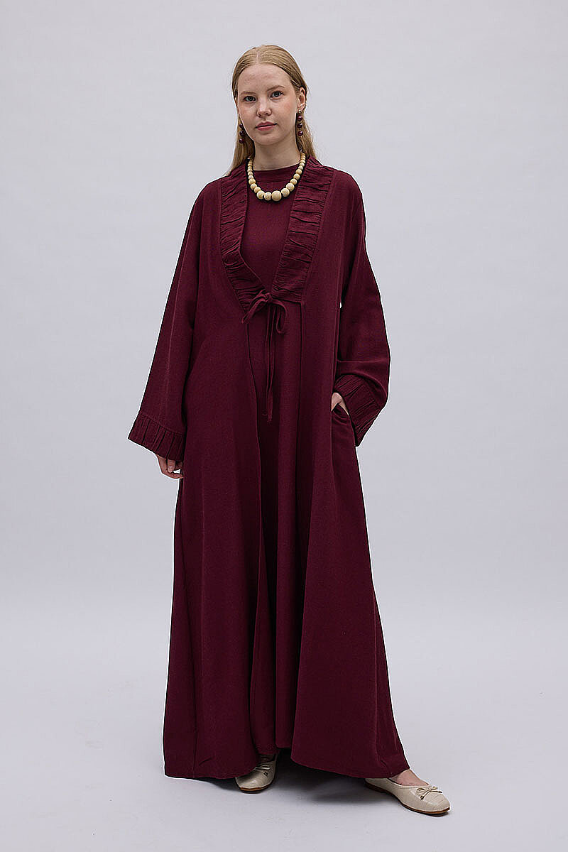Büzgülü Bant Detaylı Keten Abaya Bordo