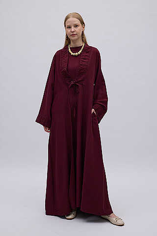 Büzgülü Bant Detaylı Keten Abaya Bordo - 1