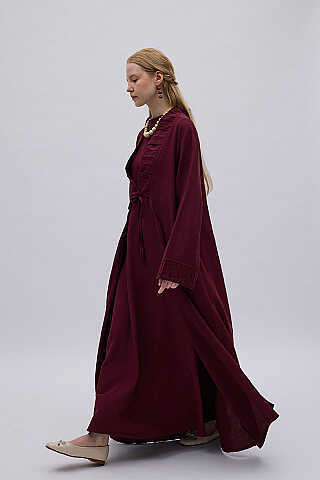 Büzgülü Bant Detaylı Keten Abaya Bordo - 6