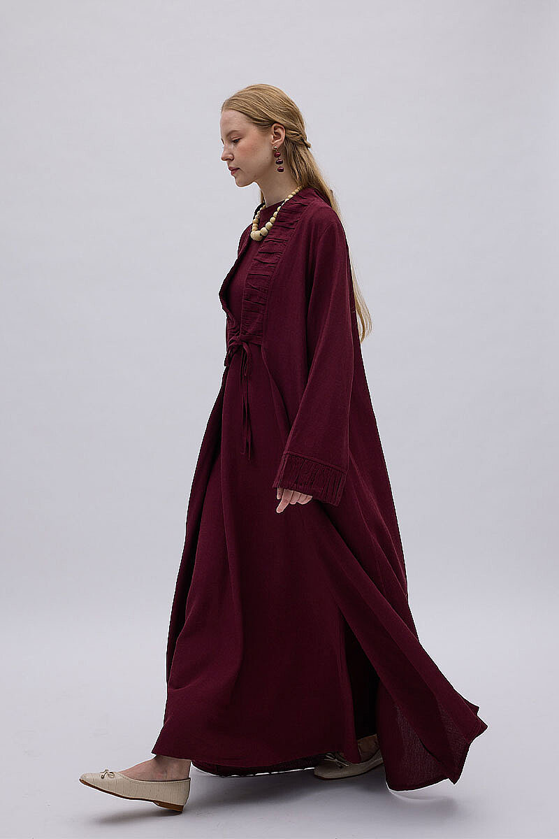 Büzgülü Bant Detaylı Keten Abaya Bordo - 6