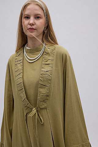 Büzgülü Bant Detaylı Keten Abaya Haki - 3