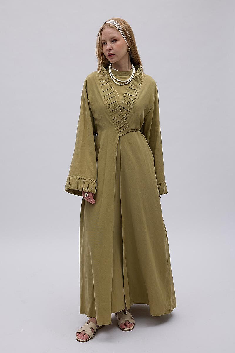 Büzgülü Bant Detaylı Keten Abaya Haki - 4