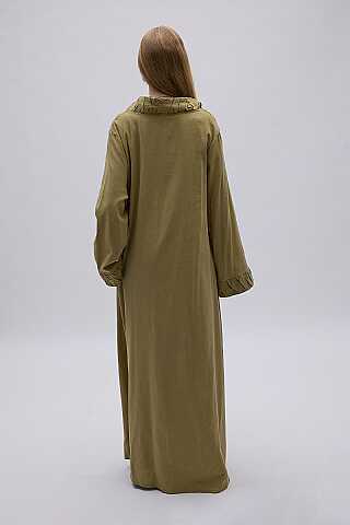 Büzgülü Bant Detaylı Keten Abaya Haki - 5