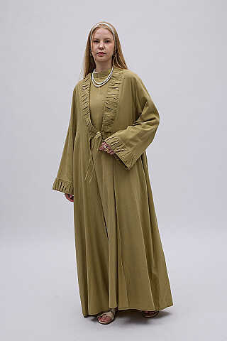 Büzgülü Bant Detaylı Keten Abaya Haki - 7