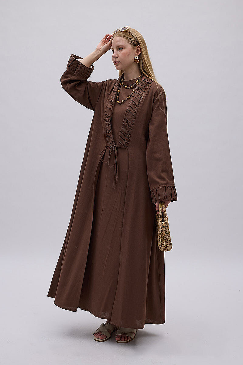 Büzgülü Bant Detaylı Keten Abaya Kahve - 2