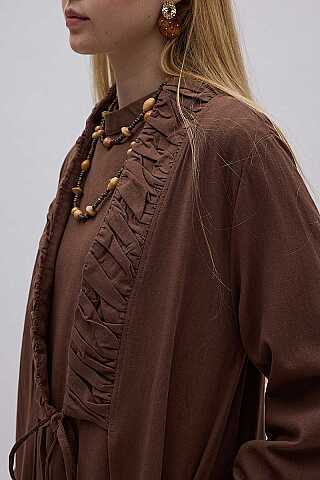 Büzgülü Bant Detaylı Keten Abaya Kahve - 4