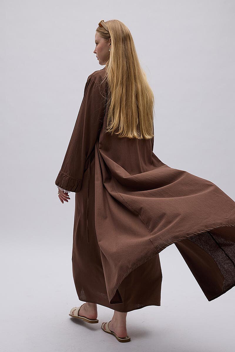 Büzgülü Bant Detaylı Keten Abaya Kahve - 5