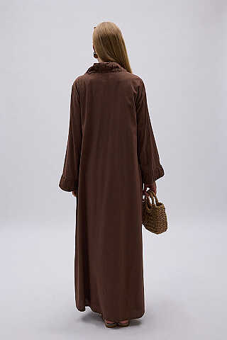 Büzgülü Bant Detaylı Keten Abaya Kahve - 6