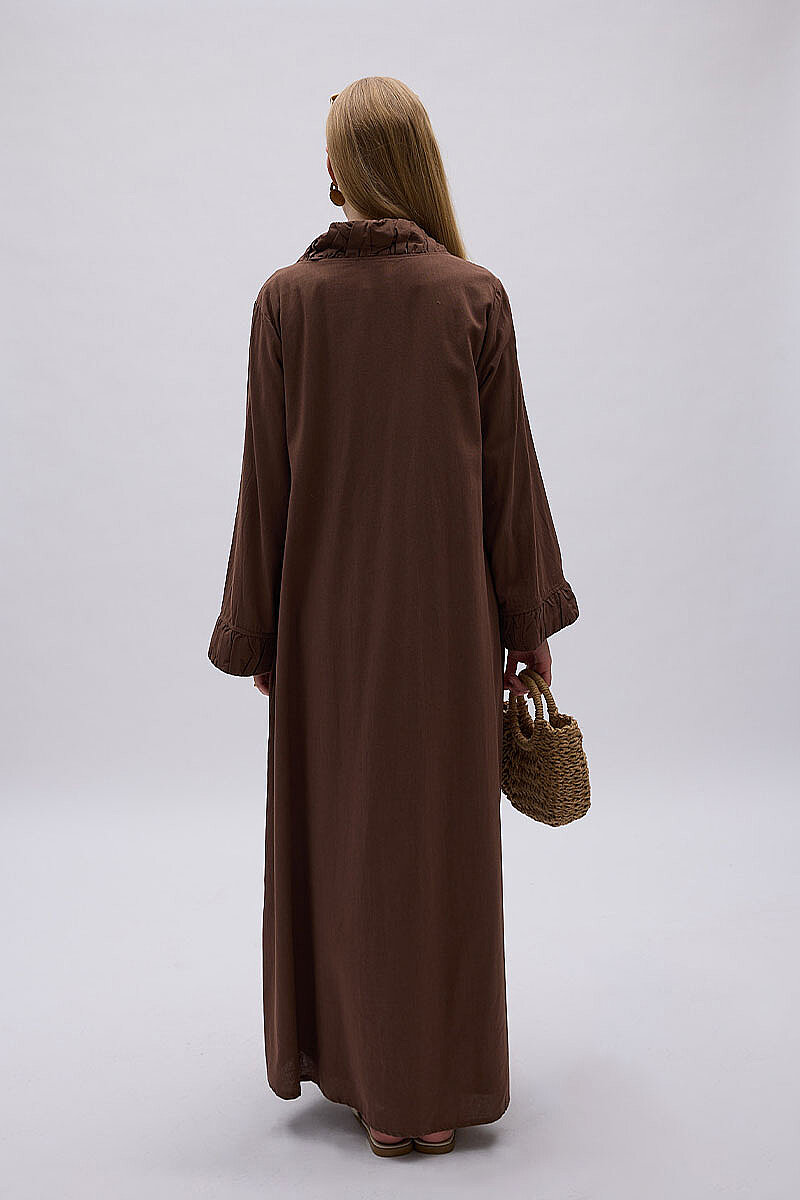 Büzgülü Bant Detaylı Keten Abaya Kahve - 6