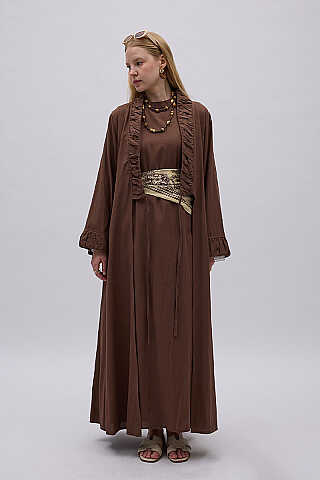 Büzgülü Bant Detaylı Keten Abaya Kahve - 3