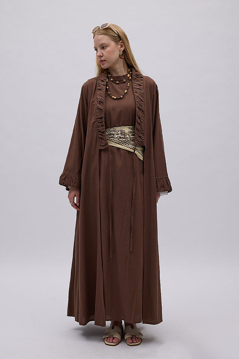 Büzgülü Bant Detaylı Keten Abaya Kahve - 3