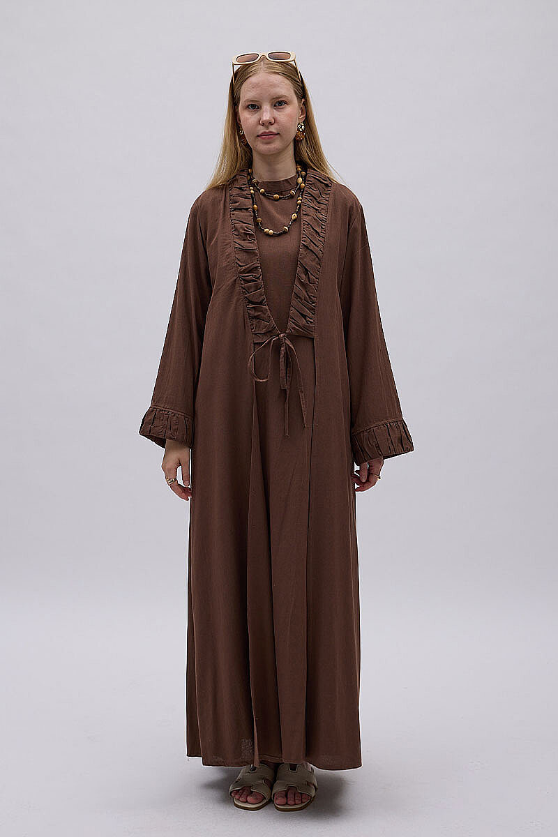 Büzgülü Bant Detaylı Keten Abaya Kahve