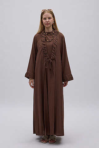 Büzgülü Bant Detaylı Keten Abaya Kahve - 1