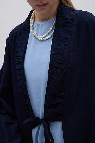 Büzgülü Bant Detaylı Keten Abaya Lacivert - 3